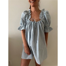 Womens Striped Babydoll Dress Loose Ruffle Trim Scoop Neck Puff Sleeve Backless Mini Dress for Daily Party Club