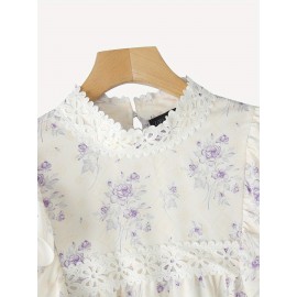 [Floral Lace Blouse] Plus Size, Women's Plus Size Blouse - Floral Lace Accent Shirt With Stand Collar - Lightweight Elegant Office & Party Top - Non-See-Through Formal & Casual Outfits - Machine Washable Women's Clothing By ZANZEA