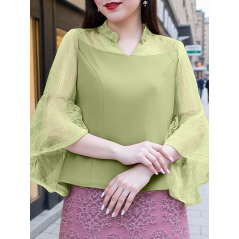 Plus Size - Women'S Elegant V-Neck Blouse with Sheer Mesh Lace Sleeves - Lightweight Loose Fit 3/4 Sleeve Top, Solid Color Casual Chic Shirt for Spring Summer Fall, Versatile for Casual & Formal Wear, Seasonal Fashion, Nontransparent Fabric