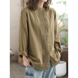 Plus Size - Women'S Casual Loose Fit Side Stand Collar Pleated Blouse - Solid Color Button-Up Shirt with Ribbed Texture, Long Sleeves, and Button Details for All-Season Wear, Versatile Fashion | Relaxed Fit Shirt | Nonstretch Fabric