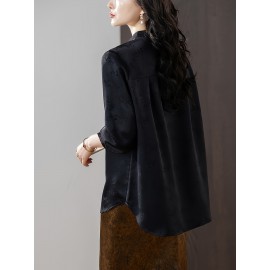 Plus Size - Women'S Elegant Chinese Blouse - Classic White Button-Front Shirt with Rounded Neckline, Non-Transparent Formal & Everyday Blouse for Office, Wedding, Party - Spring/Fall Women'S Clothing - Elegant Traditional Asian Attire, Chinese Style Clothing, Office Wear, Nontransparent Fabric, Wedding Attire, Vintage Design, Durable Material, Stylish Top, Fashion Lovers, Office Attire, Long Sleeve Shirt, Detail, Professional Women
