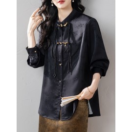 Plus Size - Women'S Elegant Chinese Blouse - Classic White Button-Front Shirt with Rounded Neckline, Non-Transparent Formal & Everyday Blouse for Office, Wedding, Party - Spring/Fall Women'S Clothing - Elegant Traditional Asian Attire, Chinese Style Clothing, Office Wear, Nontransparent Fabric, Wedding Attire, Vintage Design, Durable Material, Stylish Top, Fashion Lovers, Office Attire, Long Sleeve Shirt, Detail, Professional Women