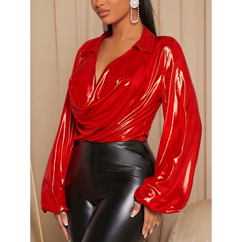 Plus Size Women's Elegant Party Blouse - Glossy Red Imitation PU Coated Fabric with Puff Sleeve & Asymmetric Draped Neckline, Hand Wash Only, All-Season Versatile for Formal Events & Casual Outings, Special Occasions, Chic Style, Sleek Texture, Statement Top, Stylish Women, Evening Wear, Highquality Finish, Fashion Top, Fashion Lovers