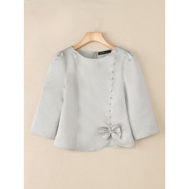 Plus Size, ZANZEA Women's Plus Size Elegant Blouse - Pink & White Puff Bow-Knot Collar, Short Jacket-like Button-Front Top, Loose Fit 3/4 Sleeve Shirt for Wedding, Office, Party, Wedding Guest (Machine Washable) - No-Stretch Round Neck