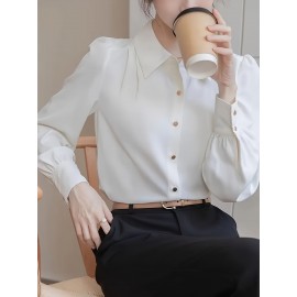 Plus Size, Women's Elegant Plus Size Long Sleeve Shirt - Classic Collar Button-Up Blouse with Golden Buttons, Solid Color Non-See-Through Fabric, Machine Washable All-Season Versatile Top for Casual & Professional Wear, Office Attire, Turndown Collar, Easy Care Material, Work Attire, Timeless Design, Durable Fabric, Fashionconscious Women