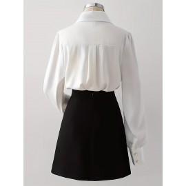 Plus Size, Women's Elegant Plus Size Long Sleeve Shirt - Classic Collar Button-Up Blouse with Golden Buttons, Solid Color Non-See-Through Fabric, Machine Washable All-Season Versatile Top for Casual & Professional Wear, Office Attire, Turndown Collar, Easy Care Material, Work Attire, Timeless Design, Durable Fabric, Fashionconscious Women