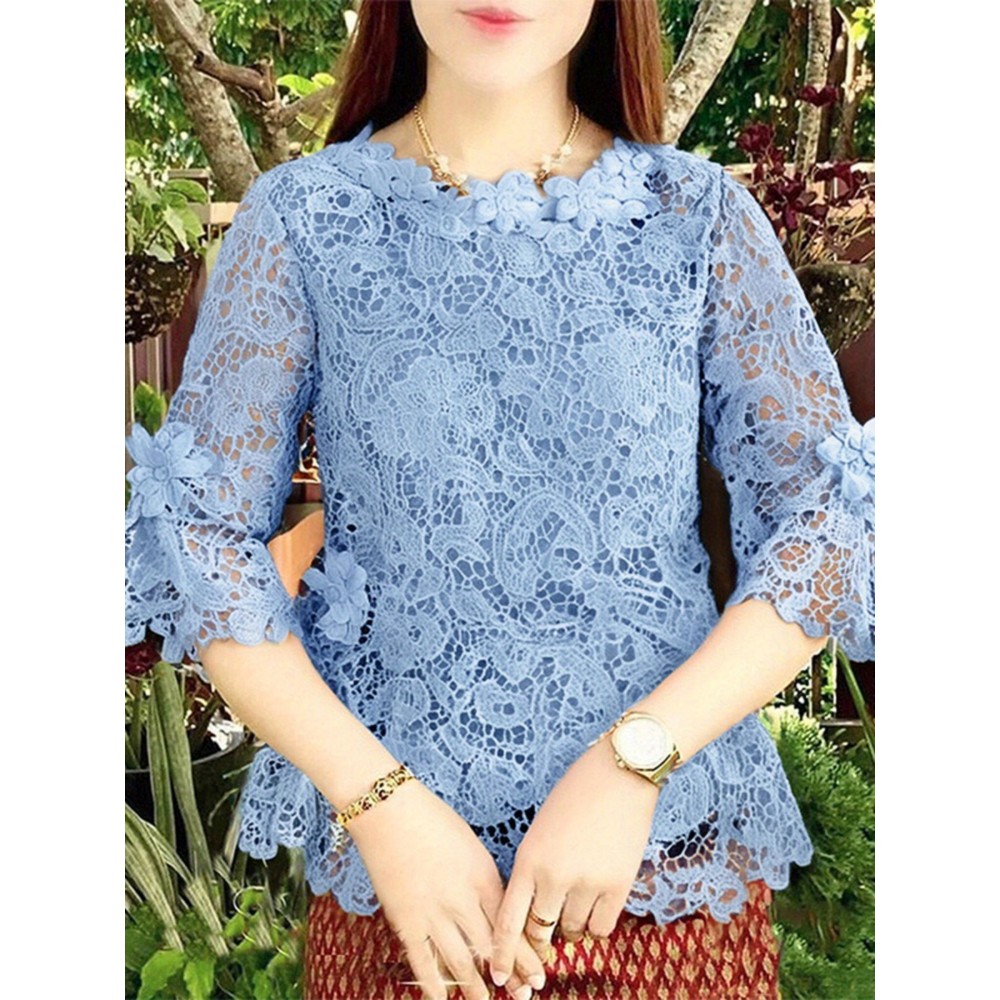 Plus Size - Plus Size, ZANZEA Women'S Elegant Lace Sleeve Blouse - Lightweight Non-Stretchy Solid Pink/Red - Structured Waist & Flared Hem, Crew Neck Blouse For Wedding, Party, Everyday - All-match Women'S Tops, Lace Blouse