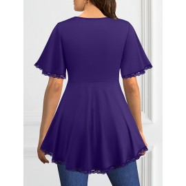 Plus Size, Plus Size Women's Elegant V-Neck Crossover Blouse with Lace Sleeves & Metallic Accents - Slim Fit Chic Top for Evening Outings, Machine Washable Spring/Summer/Fall Shirt, Formal Plus Size, Nontransparent Fabric, Party Wear, Breathable Material, Stylish Ladies