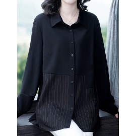 Plus Size, Women's Plus Size Long Sleeve Blouse - Black with Vertical line pattern, Elegant Office & Casual Shirt, Non-See-Through Formal Tops for Women (Machine Washable)