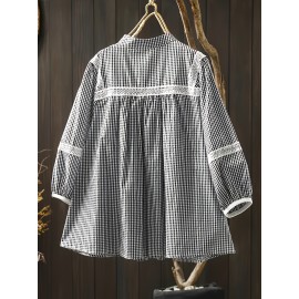 Plus Size, Women's Blouse - Elegant Black & White Grid Pattern Shirt with Rounded Neckline, Non-Stretch Fabric for Fall/Winter Everyday & Formal Outfits - Machine Washable Office Casual Blouse, Fall Fashion Top, Long Sleeve Top, Textured Fabric