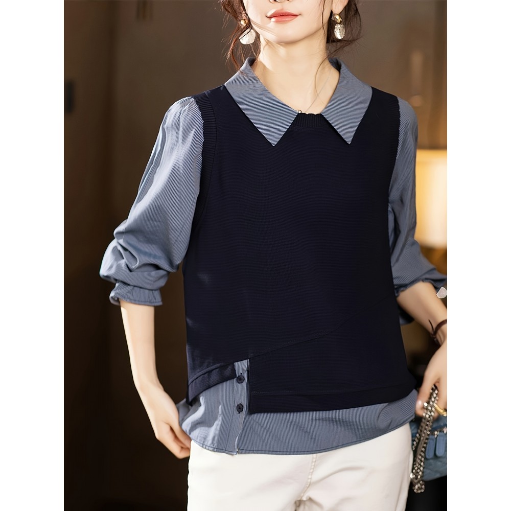 Plus Size, Women's Blouse - Non-Stretch Button-Front Shirt with Stand-Up Collar, Navy Blue Office to Casual Chic Tops for Everyday & Formal Events, Versatile Top, Layered Look, Structured Fabric, Stylish Top, Working Professionals