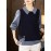 Plus Size, Women's Blouse - Non-Stretch Button-Front Shirt with Stand-Up Collar, Navy Blue Office to Casual Chic Tops for Everyday & Formal Events, Versatile Top, Layered Look, Structured Fabric, Stylish Top, Working Professionals