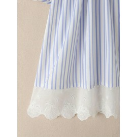 [ZANZEA Plus Size Blouse] Plus Size - ZANZEA Women's Plus Size Lightweight Elegant Blouse - Korean Style Striped & Lace Patchwork Stand Collar Puff Short Sleeve Single-Breasted Shirt, Breathable Summer Top for Office & Casual Outings, Versatile Clothing, Stylish Women