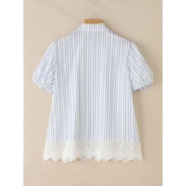 [ZANZEA Plus Size Blouse] Plus Size - ZANZEA Women's Plus Size Lightweight Elegant Blouse - Korean Style Striped & Lace Patchwork Stand Collar Puff Short Sleeve Single-Breasted Shirt, Breathable Summer Top for Office & Casual Outings, Versatile Clothing, Stylish Women