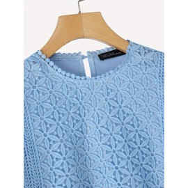 Plus Size, ZANZEA Women's Lace Patchwork Blouse - Semi-Sheer Short Sleeve Top with Round Neck, Soft Pastel Blue Summer Shirt, Machine Washable Elegant Casual & Formal Wear (Lightweight Layered Outfit Essential)