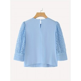 Plus Size, ZANZEA Women's Lace Patchwork Blouse - Semi-Sheer Short Sleeve Top with Round Neck, Soft Pastel Blue Summer Shirt, Machine Washable Elegant Casual & Formal Wear (Lightweight Layered Outfit Essential)