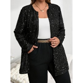 Plus Size, Women's Elegant Sparkling Sequin Jacket - Sequin-Encrusted Collar & Cuff, Structured Blazer Coat for Parties, Weddings, Prom - Shiny Blazer Outerwear (Hand Wash/Dry Clean) - Spring/Fall Formal Attire