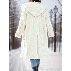 Plus Size - Women'S Plush Fleece Coat - Elegant Hooded Winter Jacket with Double-Breasted Front Closure, Soft Plush Collar & Full-Length Zipper
