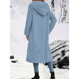 Plus Size - Women'S Plush Fleece Coat - Elegant Hooded Winter Jacket with Double-Breasted Front Closure, Soft Plush Collar & Full-Length Zipper