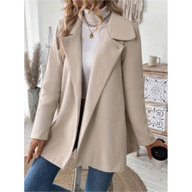 Plus Size, Women's Elegant Beige Coat - Long Sleeve Double Button Blazer, Structured Non-Stretch Jacket for Office, Formal Events & Everyday - Machine Washable Women's Outerwear, Casual Chic Apparel, Turndown Collar, Classic Tailoring