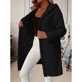 Plus Size - Elegant Plus Size Faux Fur Coat for Women - Long Sleeve, Button-Up, Hooded, Solid Black, Medium Stretch, Spring/Fall Outerwear, Stylish Layering Piece, Spring Outerwear | Buttonup Coat | Medium Stretch Fabric