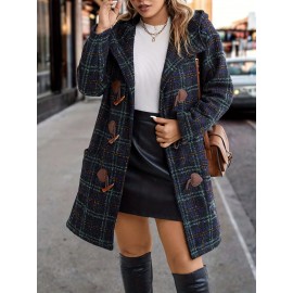 Plus Size, Plus Size Women's Elegant Tweed Coat with Double-Layer Hood & H-Line Silhouette - Knee-Length Button-Front Winter Jacket, Spacious Warm Outerwear for Fall/Winter, Casual to Dressy Occasions (Machine Washable)