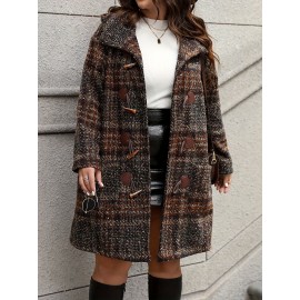 Plus Size, Plus Size Women's Elegant Tweed Coat with Double-Layer Hood & H-Line Silhouette - Knee-Length Button-Front Winter Jacket, Spacious Warm Outerwear for Fall/Winter, Casual to Dressy Occasions (Machine Washable)