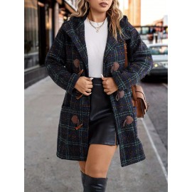 Plus Size, Plus Size Women's Elegant Tweed Coat with Double-Layer Hood & H-Line Silhouette - Knee-Length Button-Front Winter Jacket, Spacious Warm Outerwear for Fall/Winter, Casual to Dressy Occasions (Machine Washable)