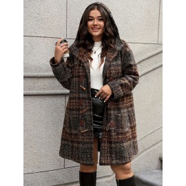 Plus Size, Plus Size Women's Elegant Tweed Coat with Double-Layer Hood & H-Line Silhouette - Knee-Length Button-Front Winter Jacket, Spacious Warm Outerwear for Fall/Winter, Casual to Dressy Occasions (Machine Washable)