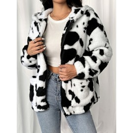 Plus-Size Women's Clothing | Cow Print Hooded Jacket | Black and White Printed Faux  Jacket with Pockets | Warm Autumn and Winter Jacket | Machine Washable | Elegant and Stylish Cow Print Jacket | Ideal for Casual Casual Attire