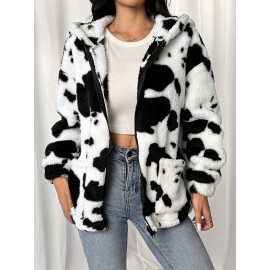 Plus-Size Women's Clothing | Cow Print Hooded Jacket | Black and White Printed Faux  Jacket with Pockets | Warm Autumn and Winter Jacket | Machine Washable | Elegant and Stylish Cow Print Jacket | Ideal for Casual Casual Attire
