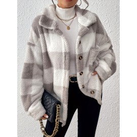 Plus Size, Women's Plus Size Elegant Plaid Jacket with Teddy Bear Collar & - Cozy Winter Coat, Black & White Check Pattern, Button Front Closure, Machine Washable Long Sleeve Outerwear for Fall/Winter (Casual to Formal) - Warm