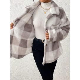 Plus Size, Women's Plus Size Elegant Plaid Jacket with Teddy Bear Collar & - Cozy Winter Coat, Black & White Check Pattern, Button Front Closure, Machine Washable Long Sleeve Outerwear for Fall/Winter (Casual to Formal) - Warm