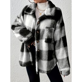 Plus Size, Women's Plus Size Elegant Plaid Jacket with Teddy Bear Collar & - Cozy Winter Coat, Black & White Check Pattern, Button Front Closure, Machine Washable Long Sleeve Outerwear for Fall/Winter (Casual to Formal) - Warm