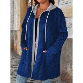 Plus Size - European And American Autumn And Winter Fashion Elegant Faux Two-Piece Cardigan with Pockets And Drawstring Hood, Long Plus-Size Women'S Coat.