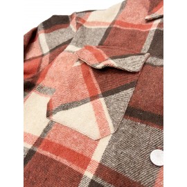 Plus Size - Women'S Elegant Geometric Plaid Long Coat with Pockets - Metal Button Lapel Collar, Non-Stretch Fabric, Fall Outerwear, Brown & White Checkered Pattern, Casual Chic Style, Casual Chic Wear | Checkered Pattern Coat | Structured Design, Plus Size Winter Coats for Women, Ladies Winter Coats, Twopocket Design, Stylish Outerwear, Curvy Women