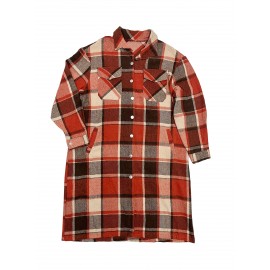 Plus Size - Women'S Elegant Geometric Plaid Long Coat with Pockets - Metal Button Lapel Collar, Non-Stretch Fabric, Fall Outerwear, Brown & White Checkered Pattern, Casual Chic Style, Casual Chic Wear | Checkered Pattern Coat | Structured Design, Plus Size Winter Coats for Women, Ladies Winter Coats, Twopocket Design, Stylish Outerwear, Curvy Women