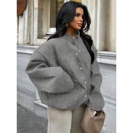 Plus Size, Women's Oversized Brown Jacket - Plus Size Casual Collar Coat with White Button Closure, Dropped Shoulder H-Line Silhouette & Chest Pocket - All-Season Outerwear for, Date, Everyday (Machine Washable) - Elegant Brown Blazer