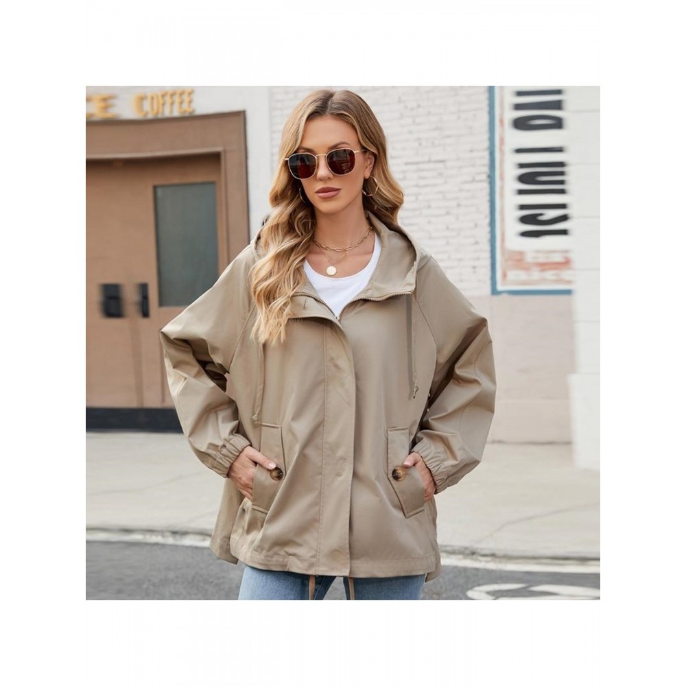 Plus Size - Plus Size Women'S Elegant Hooded Trench Coat - Loose-Fit Windproof Jacket with Double Zipper Closure, Long Sleeves & Belted Waist - /Neutral Tones - Spring/Fall