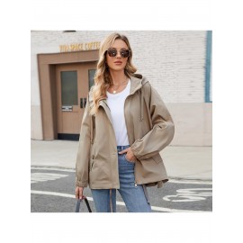 Plus Size - Plus Size Women'S Elegant Hooded Trench Coat - Loose-Fit Windproof Jacket with Double Zipper Closure, Long Sleeves & Belted Waist - /Neutral Tones - Spring/Fall