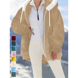 Plus Size - Women'S Cozy Fleece-Lined Hooded Jacket - Oversized Zip-Up with Drawstring, White, All-Season Comfort, Casual Style, Casual Winter Wear | Oversized Hooded Jacket | Zippered Hoodie, Winter Hoodie