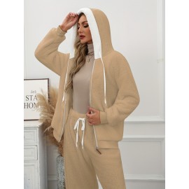 Plus Size - Women'S Cozy Fleece-Lined Hooded Jacket - Oversized Zip-Up with Drawstring, White, All-Season Comfort, Casual Style, Casual Winter Wear | Oversized Hooded Jacket | Zippered Hoodie, Winter Hoodie