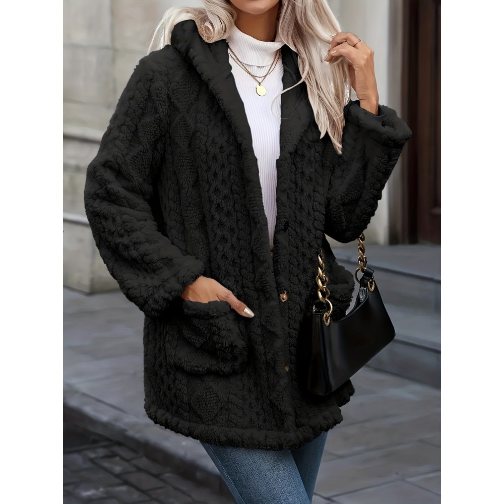 Plus Size, Women's Teddy Bear Plush Winter Coat - Elegant Hooded Jacket with Plush, Front Pockets & Button Closure, Beige/Black Mid-Length Outerwear for Fall/Winter, Machine Washable Cold Weather Blazer, Mature Style for Parties & Daily Wear