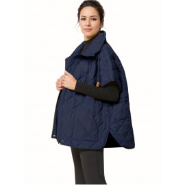 Plus Size, Women's High Quality Zip-Up Quilted Vest with High Stand Collar & Gatherable Waist - Wide-Cut Winter Coat, Full-Zip Front Closure, Machine Washable Outerwear for Casual & Formal Outfits (Solid Color, Green/Black/Navy/White) - Versatile Layering Piece, Relaxed Fit with Split Hem Design, High Quality Material for Wet Weather, Stylish and Functional Outerwear, Plus Size Fall Clothes