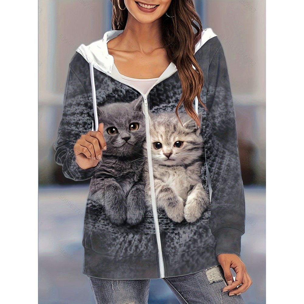 Chic Plus Size Cat Print Hooded Jacket with Pockets - Zip-Up, Long Sleeve, Polyester Blend - Elegant Women's Outerwear