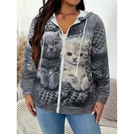 Chic Plus Size Cat Print Hooded Jacket with Pockets - Zip-Up, Long Sleeve, Polyester Blend - Elegant Women's Outerwear