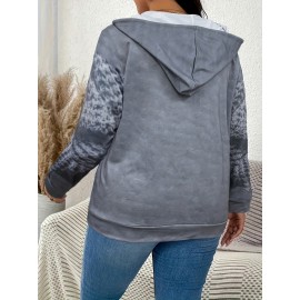 Chic Plus Size Cat Print Hooded Jacket with Pockets - Zip-Up, Long Sleeve, Polyester Blend - Elegant Women's Outerwear