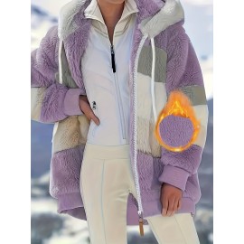 Plus Size Striped Fuzzy Hooded Coat - Soft, Warm, and Cozy Long Sleeve Zipper Coat for Fall and Winter - Women's Casual Outerwear for Cold Weather