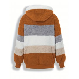 Plus Size Striped Fuzzy Hooded Coat - Soft, Warm, and Cozy Long Sleeve Zipper Coat for Fall and Winter - Women's Casual Outerwear for Cold Weather