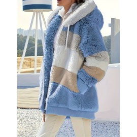 Plus Size Striped Fuzzy Hooded Coat - Soft, Warm, and Cozy Long Sleeve Zipper Coat for Fall and Winter - Women's Casual Outerwear for Cold Weather